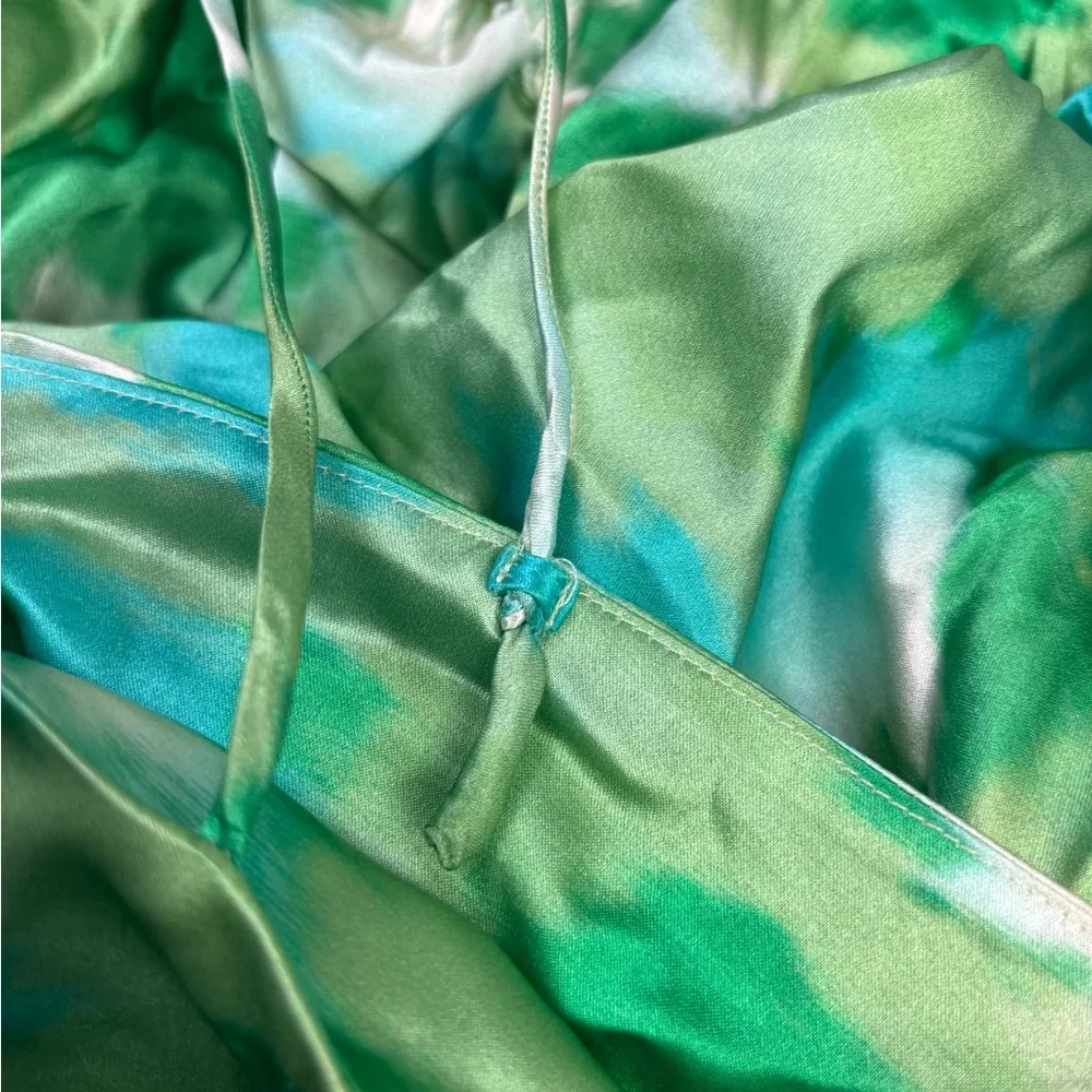 GANNI Silk Stretch Satin Ruched Mini Dress Lily Green Size 44 or US Large - Picture 8 of 16